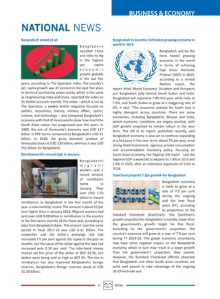 07 MTBiz
BUSINESS & ECONOMY
Bangladesh to become 3rd fastest growing economy in
world in 2019
Bangladesh will be the
third fastest growing
economy in the world
in terms of achieving
high Gross Domestic
Product (GDP) in 2019,
according to a United
Nations report. The
report titled World Economic Situation and Prospects
put Bangladesh only behind South Sudan and India.
Bangladesh will expand at 7.4% this year, while India at
7.6%, and South Sudan to grow at a staggering rate of
8%, it said. “The economic outlook for South Asia is
highly divergent across countries. There are some
economies, including Bangladesh, Bhutan and India,
where economic conditions are largely positive, with
GDP growth projected to remain robust in the near
term. The UN in its report, published recently, said
Bangladesh economy is also set to continue expanding
at a fast pace in the near term, above 7% per year, amid
strong ﬁxed investment, vigorous private consumption
and accommodative monetary policy. Focusing on
South Asian economy, the ﬂagship UN report said the
regional GDP is expected to expand by 5.4% in 2019 and
5.9% in 2020, after an estimated expansion of 5.6% in
2018.
StanChart projects 7.2pc growth for Bangladesh
Bangladesh economy
is likely to grow at a
rate of 7.2 per cent
during the ongoing
and the next ﬁscal
years (FY), according
to projections of the
Standard Chartered (StanChart). The StanChart's
growth projection for Bangladesh is notably lower than
the government's growth target for this ﬁscal.
According to the government's projection, the
country's economy will grow at a rate of 7.8 per cent
during FY 2018-19. This global economic uncertainty
may have some negative impact on the Bangladesh
economy, which in turn may result in a lower growth
than the government's projection, they opined.
However, the Standard Chartered oﬃcials observed
that Bangladesh and other South Asian countries are
quite well poised to take advantage of the ongoing
US-China trade war.
Bangladesh ahead of all
B a n g l a d e s h
equalled China
and India to log
in the highest
per capita
e c o n o m i c
growth globally
in the last ﬁve
years, according to The Spectator Index. The country's
per capita growth was 45 percent in the past ﬁve years
in terms of purchasing power parity, which is the same
as neighbouring India and China, reported the index on
its Twitter account recently. The index -- which is run by
The Spectator, a weekly British magazine focused on
politics, economics, history, military aﬀairs, sports,
science, and technology -- also compared Bangladesh's
economy with that of Venezuela to show how much the
South Asian nation has progressed over the years. In
1980, the size of Venezuela's economy was USD 117
billion in PPP terms compared to Bangladesh's USD 41
billion. In 2018, the gross domestic product of
Venezuela stood at USD 330 billion, whereas it was USD
751 billion for Bangladesh.
Remittance hits record high in January
B a n g l a d e s h i
m i g r a n t
workers sent a
record amount
of remittance
home in
January. They
sent USD 1.59
billion in inward
remittances to Bangladesh in the ﬁrst month of the
year, a new monthly record. The amount is about 15 per
cent higher than in January 2018. Migrant workers had
sent over USD 9.08 billion in remittances to the country
in the ﬁrst seven months of the ﬁscal year, according to
data from Bangladesh Bank. The amount over the same
period in ﬁscal 2017-18 was USD 8.31 billion. The
researcher said the dollar’s exchange rate had
increased 7.0 per cent against the rupee in the past six
months, but the value of the dollar against the taka had
increased only 0.18 per cent. The inter-bank money
market set the price of the dollar at BDT 83.96, but
dollars were being sold as high as BDT 85. The rise in
remittances has also improved Bangladesh’s foreign
reserves. Bangladesh’s foreign reserves stood at USD
31.39 billion.
NATIONAL NEWS
 