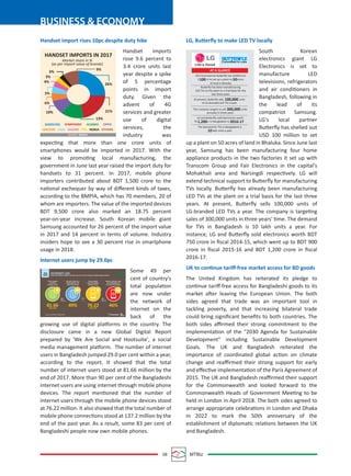 08 MTBiz
BUSINESS & ECONOMY
Handset import rises 10pc despite duty hike
Handset imports
rose 9.6 percent to
3.4 crore units last
year despite a spike
of 5 percentage
points in import
duty. Given the
advent of 4G
services and greater
use of digital
services, the
industry was
expecting that more than one crore units of
smartphones would be imported in 2017. With the
view to promoting local manufacturing, the
government in June last year raised the import duty for
handsets to 31 percent. In 2017, mobile phone
importers contributed about BDT 1,500 crore to the
national exchequer by way of diﬀerent kinds of taxes,
according to the BMPIA, which has 70 members, 20 of
whom are importers. The value of the imported devices
BDT 9,500 crore also marked an 18.75 percent
year-on-year increase. South Korean mobile giant
Samsung accounted for 26 percent of the import value
in 2017 and 14 percent in terms of volume. Industry
insiders hope to see a 30 percent rise in smartphone
usage in 2018.
Internet users jump by 29.0pc
Some 49 per
cent of country's
total population
are now under
the network of
internet on the
back of the
growing use of digital platforms in the country. The
disclosure came in a new Global Digital Report
prepared by 'We Are Social and Hootsuite', a social
media management platform. The number of internet
users in Bangladesh jumped 29.0 per cent within a year,
according to the report. It showed that the total
number of internet users stood at 81.66 million by the
end of 2017. More than 90 per cent of the Bangladeshi
internet users are using internet through mobile phone
devices. The report mentioned that the number of
internet users through the mobile phone devices stood
at 76.22 million. It also showed that the total number of
mobile phone connections stood at 137.2 million by the
end of the past year. As a result, some 83 per cent of
Bangladeshi people now own mobile phones.
LG, Butterﬂy to make LED TV locally
South Korean
electronics giant LG
Electronics is set to
manufacture LED
televisions, refrigerators
and air conditioners in
Bangladesh, following in
the lead of its
compatriot Samsung.
LG's local partner
Butterﬂy has shelled out
USD 100 million to set
up a plant on 50 acres of land in Bhaluka. Since June last
year, Samsung has been manufacturing four home
appliance products in the two factories it set up with
Transcom Group and Fair Electronics in the capital's
Mohakhali area and Narsingdi respectively. LG will
extend technical support to Butterﬂy for manufacturing
TVs locally. Butterﬂy has already been manufacturing
LED TVs at the plant on a trial basis for the last three
years. At present, Butterﬂy sells 100,000 units of
LG-branded LED TVs a year. The company is targeting
sales of 300,000 units in three years' time. The demand
for TVs in Bangladesh is 10 lakh units a year. For
instance, LG and Butterﬂy sold electronics worth BDT
750 crore in ﬁscal 2014-15, which went up to BDT 900
crore in ﬁscal 2015-16 and BDT 1,200 crore in ﬁscal
2016-17.
UK to continue tariﬀ-free market access for BD goods
The United Kingdom has reiterated its pledge to
continue tariﬀ-free access for Bangladeshi goods to its
market after leaving the European Union. The both
sides agreed that trade was an important tool in
tackling poverty, and that increasing bilateral trade
could bring signiﬁcant beneﬁts to both countries. The
both sides aﬃrmed their strong commitment to the
implementation of the "2030 Agenda for Sustainable
Development" including Sustainable Development
Goals. The UK and Bangladesh reiterated the
importance of coordinated global action on climate
change and reaﬃrmed their strong support for early
and eﬀective implementation of the Paris Agreement of
2015. The UK and Bangladesh reaﬃrmed their support
for the Commonwealth and looked forward to the
Commonwealth Heads of Government Meeting to be
held in London in April 2018. The both sides agreed to
arrange appropriate celebrations in London and Dhaka
in 2022 to mark the 50th anniversary of the
establishment of diplomatic relations between the UK
and Bangladesh.
HANDSET IMPORTS IN 2017
Market share in %
(as per import value of brands)
3%
9%
26%
21%
13%
3%
4%
5%
6%
10%
SAMSUNG
WALTON LAVA XIAOMI ITEL NOKIA OTHERS
SYMPHONY HUAWEI OPPO
SOURCE: BMPIA
INTERNET USEBASED ON REPORTED INTERNET USER DATA, AND ACTIVE USE OF INTERNET-POWERED MOBILE SERVICES
TOTAL NUMBER
OF ACTIVE
INTERNET USERS
Sources: INTERNET WORLDSTATS
MILLION
81.66 MILLION
76.2249% 46%
we
are
social
we
are
social
we
are
social
INTERNET USERS AS A
PERCENTAGE OF THE
TOTAL POPULATION
TOTAL NUMBER
OF ACTIVE MOBILE
INTERNET USERS
MOBILE INTERNET USERS
AS A PERCENTAGE OF
THE TOTAL POPULATION
Hootsuite
JAN
2018
Life’s Good
Committed to care
AT A GLANCE
LG’s local partner Butterﬂy has shelled out
$ m to set up a plant on acres
of land in Bhaluka
Butterﬂy has been manufacturing
LED TVs at the plant on a trial basis for the
last three years
At present, Butterﬂy sells units
of LG-Branded LED TVs a year
100
100,000
The company targets to sell units
annually in three years
300,000
LG and Butterﬂy sold electronics worth
Tk cr in Bangladesh in1,200 2016-17
The demand for TVs in Bangladesh is
lakh units a year10
50
 