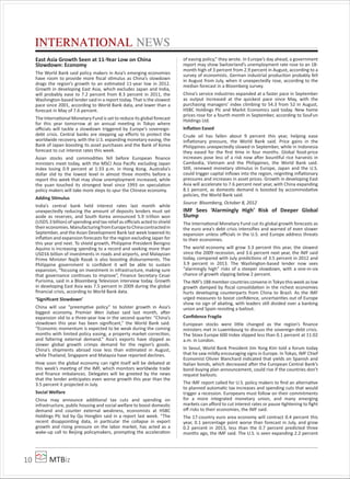 MTBiz10
INTERNATIONAL NEWS
East Asia Growth Seen at 11-Year Low on China
Slowdown: Economy
The World Bank said policy makers in Asia’s emerging economies
have room to provide more ﬁscal stimulus as China’s slowdown
drags the region’s growth to an estimated 11-year low in 2012.
Growth in developing East Asia, which excludes Japan and India,
will probably ease to 7.2 percent from 8.3 percent in 2011, the
Washington-based lender said in a report today. That is the slowest
pace since 2001, according to World Bank data, and lower than a
forecast in May of 7.6 percent.
The International Monetary Fund is set to reduce its global forecast
for this year tomorrow at an annual meeting in Tokyo where
oﬃcials will tackle a slowdown triggered by Europe’s sovereign-
debt crisis. Central banks are stepping up eﬀorts to protect the
worldwide recovery, with the U.S. expanding monetary easing, the
Bank of Japan boosting its asset purchases and the Bank of Korea
forecast to cut interest rates this week.
Asian stocks and commodities fell before European ﬁnance
ministers meet today, with the MSCI Asia Paciﬁc excluding Japan
Index losing 0.9 percent at 1:33 p.m. in Hong Kong. Australia’s
dollar slid to the lowest level in almost three months before a
report this week that may show unemployment increased, while
the yuan touched its strongest level since 1993 on speculation
policy makers will take more steps to spur the Chinese economy.
Adding Stimulus
India’s central bank held interest rates last month while
unexpectedly reducing the amount of deposits lenders must set
aside as reserves, and South Korea announced 5.9 trillion won
(USD5.3 billion) of spending and tax relief as oﬃcials acted to shield
theireconomies.ManufacturingfromEuropetoChinacontractedin
September, and the Asian Development Bank last week lowered its
inﬂation and expansion forecasts for the region excluding Japan for
this year and next. To shield growth, Philippine President Benigno
Aquino is increasing spending to a record and seeking more than
USD16 billion of investments in roads and airports, and Malaysian
Prime Minister Najib Razak is also boosting disbursements. The
Philippine government is conﬁdent it will be able to sustain
expansion, “focusing on investment in infrastructure, making sure
that governance continues to improve”, Finance Secretary Cesar
Purisima, said in a Bloomberg Television interview today. Growth
in developing East Asia was 7.5 percent in 2009 during the global
ﬁnancial crisis, according to World Bank data.
‘Signiﬁcant Slowdown’
China will use “preemptive policy” to bolster growth in Asia’s
biggest economy, Premier Wen Jiabao said last month, after
expansion slid to a three-year low in the second quarter. “China’s
slowdown this year has been signiﬁcant,” the World Bank said.
“Economic momentum is expected to be weak during the coming
months with limited policy easing, a property market correction,
and faltering external demand.” Asia’s exports have slipped as
slower global growth crimps demand for the region’s goods.
China’s shipments abroad rose less than estimated in August,
while Thailand, Singapore and Malaysia have reported declines.
How soon the global economy can right itself will be debated at
this week’s meeting of the IMF, which monitors worldwide trade
and ﬁnance imbalances. Delegates will be greeted by the news
that the lender anticipates even worse growth this year than the
3.5 percent it projected in July.
Social Welfare
China may announce additional tax cuts and spending on
infrastructure, public housing and social welfare to boost domestic
demand and counter external weakness, economists at HSBC
Holdings Plc led by Qu Hongbin said in a report last week. “The
recent disappointing data, in particular the collapse in export
growth and rising pressure on the labor market, has acted as a
wake-up call to Beijing policymakers, prompting the acceleration
of easing policy,” they wrote. In Europe’s day ahead, a government
report may show Switzerland’s unemployment rate rose to an 18-
month high of 3 percent from 2.9 percent in August, according to a
survey of economists. German industrial production probably fell
in August from July, when it unexpectedly rose, according to the
median forecast in a Bloomberg survey.
China’s service industries expanded at a faster pace in September
as output increased at the quickest pace since May, with the
purchasing managers’ index climbing to 54.3 from 52 in August,
HSBC Holdings Plc and Markit Economics said today. New home
prices rose for a fourth month in September, according to SouFun
Holdings Ltd.
Inﬂation Eased
Crude oil has fallen about 9 percent this year, helping ease
inﬂationary pressure, the World Bank said. Price gains in the
Philippines unexpectedly slowed in September, while in Indonesia
they eased for the ﬁrst time in four months. Global food-price
increases pose less of a risk now after bountiful rice harvests in
Cambodia, Vietnam and the Philippines, the World Bank said.
Still, renewed monetary stimulus in Europe, Japan and the U.S.
could trigger capital inﬂows into the region, reigniting inﬂationary
pressures and increases in asset prices. Growth in developing East
Asia will accelerate to 7.6 percent next year, with China expanding
8.1 percent, as domestic demand is boosted by accommodative
policies, the World Bank said.
Source: Bloomberg, October 8, 2012
IMF Sees ‘Alarmingly High’ Risk of Deeper Global
Slump
The International Monetary Fund cut its global growth forecasts as
the euro area’s debt crisis intensiﬁes and warned of even slower
expansion unless oﬃcials in the U.S. and Europe address threats
to their economies.
The world economy will grow 3.3 percent this year, the slowest
since the 2009 recession, and 3.6 percent next year, the IMF said
today, compared with July predictions of 3.5 percent in 2012 and
3.9 percent in 2013. The Washington-based lender now sees
“alarmingly high” risks of a steeper slowdown, with a one-in-six
chance of growth slipping below 2 percent.
The IMF’s 188 member countries convene in Tokyo this week as low
growth damped by ﬁscal consolidation in the richest economies
hurts developing counterparts from China to Brazil. As the IMF
urged measures to boost conﬁdence, uncertainties out of Europe
show no sign of abating, with leaders still divided over a banking
union and Spain resisting a bailout.
Conﬁdence Fragile
European stocks were little changed as the region’s ﬁnance
ministers met in Luxembourg to discuss the sovereign-debt crisis.
The Stoxx Europe 600 Index slipped less than 0.1 percent at 11:02
a.m. in London.
In Seoul, World Bank President Jim Yong Kim told a forum today
that he saw mildly encouraging signs in Europe. In Tokyo, IMF Chief
Economist Olivier Blanchard indicated that yields on Spanish and
Italian bonds, which decreased after the European Central Bank’s
bond-buying plan announcement, could rise if the countries don’t
request bailouts.
The IMF report called for U.S. policy makers to ﬁnd an alternative
to planned automatic tax increases and spending cuts that would
trigger a recession. Europeans must follow on their commitments
for a more integrated monetary union, and many emerging
markets can aﬀord to cut interest rates or pause tightening to ﬁght
oﬀ risks to their economies, the IMF said.
The 17-country euro area economy will contract 0.4 percent this
year, 0.1 percentage point worse than forecast in July, and grow
0.2 percent in 2013, less than the 0.7 percent predicted three
months ago, the IMF said. The U.S. is seen expanding 2.2 percent
 