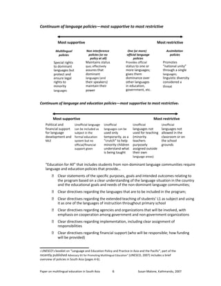 Continuum of language policies—most supportive to most restrictive 
Most supportive 
Most restrictive 
Multilingual 
policies 
Special rights 
to dominant 
languages but 
protect and 
ensure legal 
rights to 
minority 
languages 
Non interference 
policies (or no 
policy at all) 
Maintains status 
quo; effectively 
assures that 
dominant 
languages (and 
their speakers) 
maintain their 
power 
One (or more) 
official language 
policies 
Provides official 
status to one or 
more languages; 
gives them 
dominance over 
other languages 
in education, 
government, etc. 
Assimilation 
policies 
Promotes 
“national unity” 
through a single 
languages; 
linguistic diversity 
considered a 
threat 
Continuum of language and education policies—most supportive to most restrictive5 
Most supportive 
Most restrictive 
Political and 
financial support 
for language 
development and 
MLE 
Unofficial language 
can be included as 
subject in the 
formal education 
system but no 
official/financial 
support given 
Unofficial 
languages can be 
used only 
temporarily, as a 
“crutch” to help 
minority children 
understand what 
is being taught 
Unofficial 
languages not 
used for teaching 
(minority 
teachers 
purposely 
assigned outside 
their own 
language areas) 
Unofficial 
languages not 
allowed in the 
classroom or on 
the school 
grounds 
“Education for All” that includes students from non-dominant language communities require 
language and education policies that provide… 
 Clear statements of the specific purposes, goals and intended outcomes relating to 
the program based on a clear understanding of the language situation in the country 
and the educational goals and needs of the non-dominant language communities; 
 Clear directives regarding the languages that are to be included in the program; 
 Clear directives regarding the extended teaching of students’ L1 as subject and using 
it as one of the languages of instruction throughout primary school 
 Clear directives regarding agencies and organizations that will be involved, with 
emphasis on cooperation among government and non-government organizations 
 Clear directives regarding implementation, including clear assignment of 
responsibilities 
 Clear directives regarding financial support (who will be responsible; how funding 
will be provided) 
5 UNESCO’s booklet on “Language and Education Policy and Practice in Asia and the Pacific”, part of the 
recently published Advocacy Kit for Promoting Multilingual Education” (UNESCO, 2007) includes a brief 
overview of policies in South Asia (pages 4-6). 
Paper on multilingual education in South Asia 
6 
Susan Malone, Kathmandu, 2007 
 
