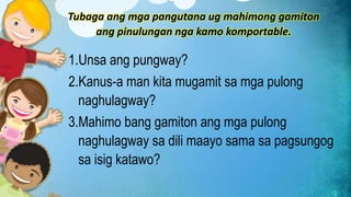 1.Unsa ang pungway?
2.Kanus-a man kita mugamit sa mga pulong
naghulagway?
3.Mahimo bang gamiton ang mga pulong
naghulagway sa dili maayo sama sa pagsungog
sa isig katawo?
Tubaga ang mga pangutana ug mahimong gamiton
ang pinulungan nga kamo komportable.
 