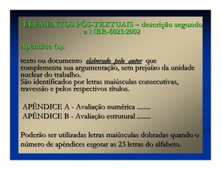 Apêndice (s):Apêndice (s):
texto ou documentotexto ou documento elaborado pelo autorelaborado pelo autor queque
complementa sua argumentacomplementa sua argumentaçção, sem prejuão, sem prejuíízo da unidadezo da unidade
nuclear do trabalho.nuclear do trabalho.
São identificados por letras maiSão identificados por letras maiúúsculas consecutivas,sculas consecutivas,
travessão e pelos respectivos ttravessão e pelos respectivos tíítulos.tulos.
APÊNDICE AAPÊNDICE A -- AvaliaAvaliaçção numão numéérica ........rica ........
APÊNDICE BAPÊNDICE B -- AvaliaAvaliaçção estrutural ........ão estrutural ........
Poderão ser utilizadas letras maiPoderão ser utilizadas letras maiúúsculas dobradas quando osculas dobradas quando o
nnúúmero de apêndices esgotar as 23 letras do alfabeto.mero de apêndices esgotar as 23 letras do alfabeto.
ELEMENTOS PELEMENTOS PÓÓSS--TEXTUAISTEXTUAIS –– descridescriçção segundoão segundo
a NBRa NBR--6023:20026023:2002
 