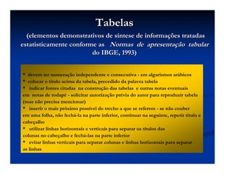 TabelasTabelas
(elementos demonstrativos de s(elementos demonstrativos de sííntese de informantese de informaçções tratadasões tratadas
estatisticamente conforme asestatisticamente conforme as Normas de apresentaNormas de apresentaçção tabularão tabular
do IBGE, 1993)do IBGE, 1993)
* devem ter numeração independente e consecutiva - em algarismos arábicos
* colocar o título acima da tabela, precedido da palavra tabela
* indicar fontes citadas na construção das tabelas e outras notas eventuais
em notas de rodapé - solicitar autorização prévia do autor para reproduzir tabela
(mas não precisa mencionar)
* inserir o mais próximo possível do trecho a que se referem - se não couber
em uma folha, não fechá-la na parte inferior, continuar na seguinte, repetir título e
cabeçalho
* utilizar linhas horizontais e verticais para separar os títulos das
colunas no cabeçalho e fechá-las na parte inferior
* evitar linhas verticais para separar colunas e linhas horizontais para separar
as linhas
 
