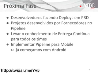 35
Desafios
● Acabar com os mitos:
○ Testes “atrasam” o processo
○ Custo da Qualidade é alto demais
○ “Só está quebrando um teste, não precisa
investigar”
● Testes Unitários
● DevOps
● Agilidade na Organização
http://twixar.me/Yv5
 