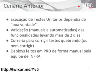 7
Cenário Anterior
● Execução de Testes Unitários dependia de
“boa vontade”
● Validação (manuais e automatizadas) das
funcionalidades levando mais de 2 dias
● Correria para corrigir testes automatizados
falhando (ou nem corrigir)
● Deploys feitos em PRD de forma manual pela
equipe de INFRA
http://twixar.me/Yv5
 