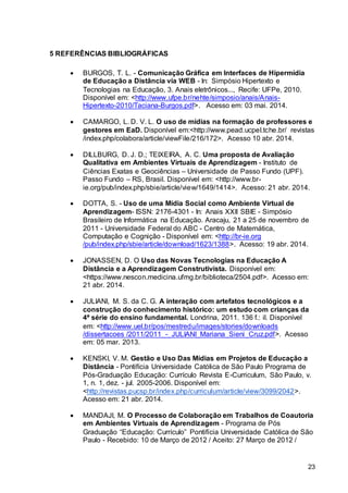 23
5 REFERÊNCIAS BIBLIOGRÁFICAS
 BURGOS, T. L. - Comunicação Gráfica em Interfaces de Hipermídia
de Educação a Distância via WEB - In: Simpósio Hipertexto e
Tecnologias na Educação, 3. Anais eletrônicos..., Recife: UFPe, 2010.
Disponível em: <http://www.ufpe.br/nehte/simposio/anais/Anais-
Hipertexto-2010/Taciana-Burgos.pdf>. Acesso em: 03 mai. 2014.
 CAMARGO, L. D. V. L. O uso de mídias na formação de professores e
gestores em EaD. Disponível em:<http://www.pead.ucpel.tche.br/ revistas
/index.php/colabora/article/viewFile/216/172>. Acesso 10 abr. 2014.
 DILLBURG, D. J. D.; TEIXEIRA, A. C. Uma proposta de Avaliação
Qualitativa em Ambientes Virtuais de Aprendizagem - Instituto de
Ciências Exatas e Geociências – Universidade de Passo Fundo (UPF).
Passo Fundo – RS, Brasil. Disponível em: <http://www.br-
ie.org/pub/index.php/sbie/article/view/1649/1414>. Acesso: 21 abr. 2014.
 DOTTA, S. - Uso de uma Mídia Social como Ambiente Virtual de
Aprendizagem- ISSN: 2176-4301 - In: Anais XXII SBIE - Simpósio
Brasileiro de Informática na Educação. Aracaju, 21 a 25 de novembro de
2011 - Universidade Federal do ABC - Centro de Matemática,
Computação e Cognição - Disponível em: <http://br-ie.org
/pub/index.php/sbie/article/download/1623/1388>. Acesso: 19 abr. 2014.
 JONASSEN, D. O Uso das Novas Tecnologias na Educação A
Distância e a Aprendizagem Construtivista. Disponível em:
<https://www.nescon.medicina.ufmg.br/biblioteca/2504.pdf>. Acesso em:
21 abr. 2014.
 JULIANI, M. S. da C. G. A interação com artefatos tecnológicos e a
construção do conhecimento histórico: um estudo com crianças da
4ª série do ensino fundamental. Londrina, 2011. 136 f.: il. Disponível
em: <http://www.uel.br/pos/mestredu/images/stories/downloads
/dissertacoes /2011/2011_-_JULIANI_Mariana_Sieni_Cruz.pdf>. Acesso
em: 05 mar. 2013.
 KENSKI, V. M. Gestão e Uso Das Mídias em Projetos de Educação a
Distância - Pontifícia Universidade Católica de São Paulo Programa de
Pós-Graduação Educação: Currículo Revista E-Curriculum, São Paulo, v.
1, n. 1, dez. - jul. 2005-2006. Disponível em:
<http://revistas.pucsp.br/index.php/curriculum/article/view/3099/2042>.
Acesso em: 21 abr. 2014.
 MANDAJI, M. O Processo de Colaboração em Trabalhos de Coautoria
em Ambientes Virtuais de Aprendizagem - Programa de Pós
Graduação “Educação: Currículo” Pontifícia Universidade Católica de São
Paulo - Recebido: 10 de Março de 2012 / Aceito: 27 Março de 2012 /
 