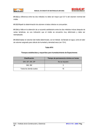 MANUAL DE ENSAYO DE MATERIALES (EM 2000)
A1.5.2.La diferencia entre los dos métodos no debe ser mayor que 0,5 % del volumen nominal del
molde.
A1.5.3.Repetir la determinación de volumen si éstos criterios no concuerdan.
A1.5.4.La falla en la obtención de un acuerdo satisfactorio entre los dos métodos incluso después de
varias tentativas, es una indicación que el molde se encuentra muy deformado y debe ser
reemplazado.
A1.5.5.Emplear el volumen del molde determinado, con el método de llenado en agua, como el valor
de volumen asignado para cálculo de humedad y densidad seca (ver 10.4).
Tabla Nº01
Tiempos establecidos y requeridos para humedecimiento de Especímenes
Clasificación Tiempo de permanencia mínimo en horas
GW, GP, SW, SP No se requiere
GM, SM 3
Todos los demás suelos 16
ICG – Instituto de la Construcción y Gerencia MTC E 115 – 2000 / Pág.
19
 