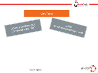 Unit Tests



                        it
          SenT  estingK                 (gith      G
                                             ub.co HUnit
OC Unit /      pple.co
                       m)                         m/ga
         per.a                                         briel/
( develo                                                      gh-unit
                                                                     )




                   www.it-agile.de
 
