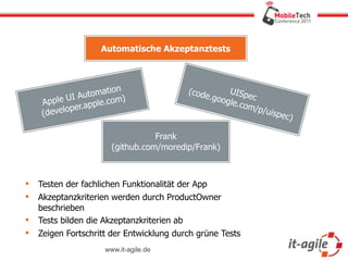 Automatische Akzeptanztests



                         tion              (code     U
            UI A  utoma                         .goog ISpec
     Apple                  m)
              per.a pple.co                          le.co
                                                           m/p/
     ( develo                                                   ui   spec)

                                    Frank
                         (github.com/moredip/Frank)



   Testen der fachlichen Funktionalität der App
   Akzeptanzkriterien werden durch ProductOwner
    beschrieben
   Tests bilden die Akzeptanzkriterien ab
   Zeigen Fortschritt der Entwicklung durch grüne Tests
                       www.it-agile.de
 
