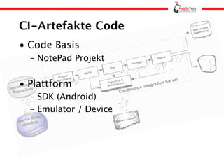 CI-Artefakte Code
• Code Basis
  – NotePad Projekt


• Plattform
  – SDK (Android)
  – Emulator / Device
 