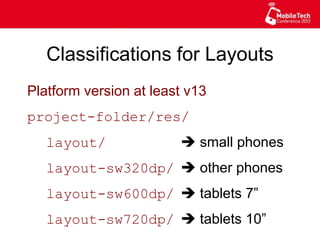 Classifications for Layouts
Platform version at least v13
project-folder/res/
layout/ è small phones
layout-sw320dp/ è other phones
layout-sw600dp/ è tablets 7”
layout-sw720dp/ è tablets 10”
 
