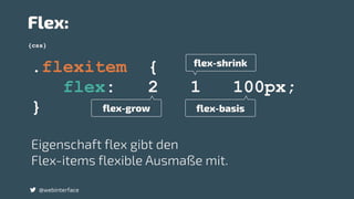 .flexitem {
flex: 2 1 100px;
} flex-grow flex-basis
flex-shrink
{css}
Flex:
@webinterface
Eigenschaft flex gibt den
Flex-items flexible Ausmaße mit.
 