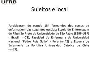 Sujeitos e local

Participaram do estudo 154 formandos dos cursos de
enfermagem das seguintes escolas: Escola de Enfermagem
de Ribeirão Preto da Universidade de São Paulo (EERP-USP)
- Brasil (n=73), Faculdad de Enfermeria da Universidad
Nacional "Pedro Ruiz Gallo" - Peru (n=42) e Escuela de
Enfermeria da Pontifica Universidad Católica de Chile
(n=39).
 