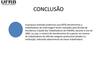 CONCLUSÃO

A pesquisa realizada evidenciou que 6070 atendimentos a
trabalhadores de enfermagem foram realizados pela Divisão de
Assistência à Saúde dos Trabalhadores da FHEMIG, durante o ano de
2002, ou seja, o número de atendimentos foi superior ao número
de trabalhadores da referida categoria profissional lotados na
instituição, indicando adoecimento da classe trabalhadora.
 