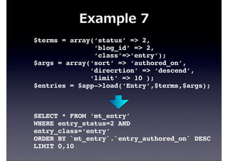 Example  7
$terms = array(‘status’ => 2,
‘blog_id’ => 2,
‘class’=>‘entry’);
$args = array(‘sort’ => ‘authored_on’,
‘direcrtion’ => ‘descend’,
‘limit’ => 10 );
$entries = $app->load(‘Entry’,$terms,$args);
SELECT * FROM ‘mt_entry’
WHERE entry_status=2 AND
entry_class=‘entry’
ORDER BY `mt_entry`.`entry_authored_on` DESC
LIMIT 0,10
 
