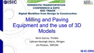 IS-IC.ORG
ISIC TRACK
Digital Workflow from Design to Construction
Milling and Paving
Equipment and the use of 3D
Models
Kevin Garcia, Trimble
Laikram Narsingh (Nars), Wirtgen
Jim Preston, TOPCON
 