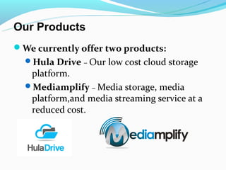 Our Products
We currently offer two products:
  Hula Drive – Our low cost cloud storage
   platform.
  Mediamplify – Media storage, media
   platform,and media streaming service at a
   reduced cost.
 