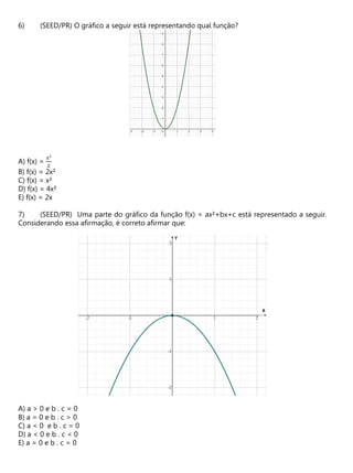 (SEED/PR) O gráfico a seguir está representando qual função?
A) f(x) =
𝑥²
2
B) f(x) = 2x²
C) f(x) = x²
D) f(x) = 4x²
E) f(x) = 2x
(SEED/PR) Uma parte do gráfico da função f(x) = ax²+bx+c está representado a seguir.
Considerando essa afirmação, é correto afirmar que:
A) a > 0 e b . c = 0
B) a = 0 e b . c > 0
C) a < 0 e b . c = 0
D) a < 0 e b . c < 0
E) a = 0 e b . c = 0
 