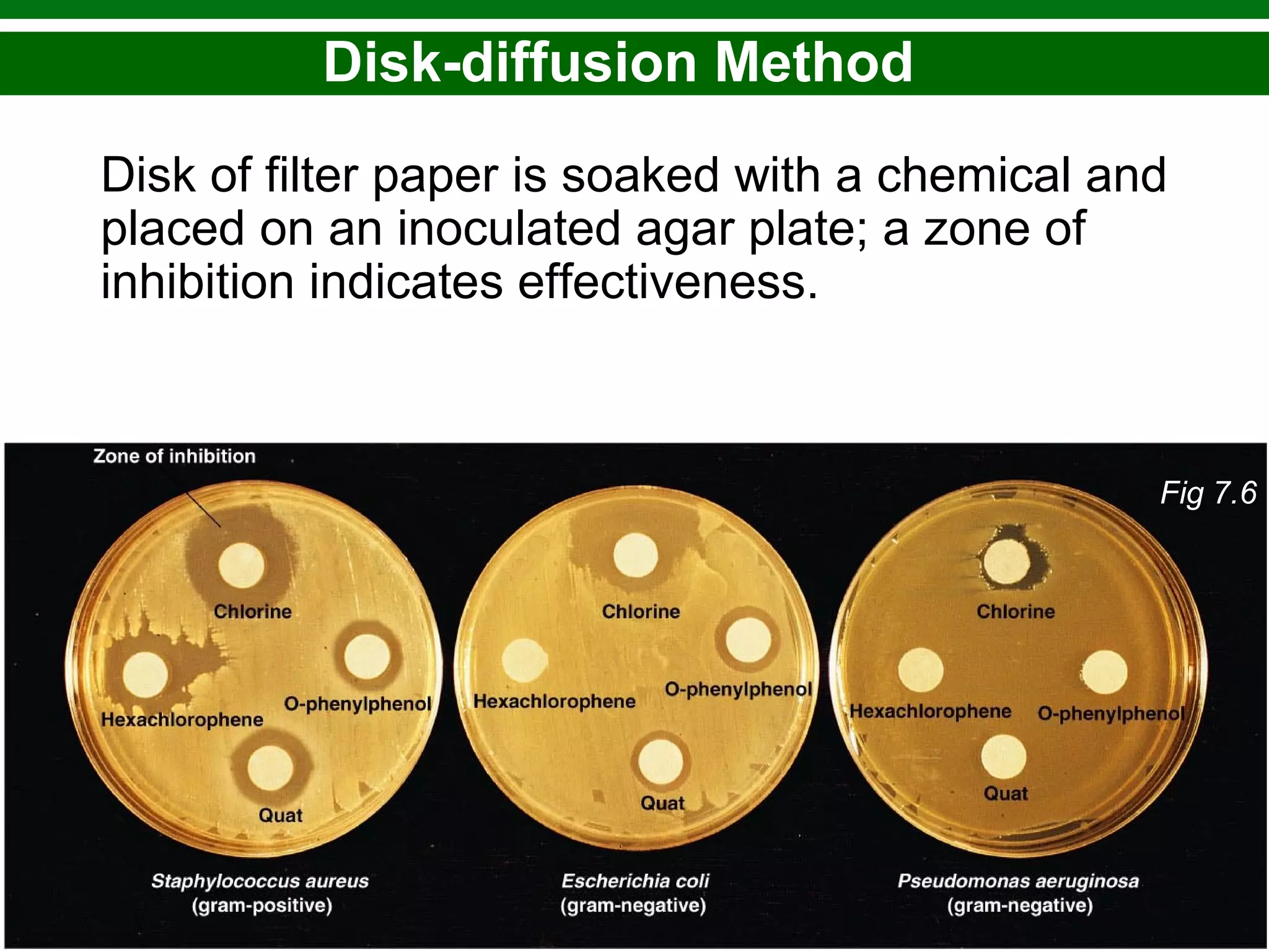 Copyright © 2010 Pearson Education, Inc.
Disk-diffusion Method
Disk of filter paper is soaked with a chemical and
placed on an inoculated agar plate; a zone of
inhibition indicates effectiveness.
Fig 7.6
 
