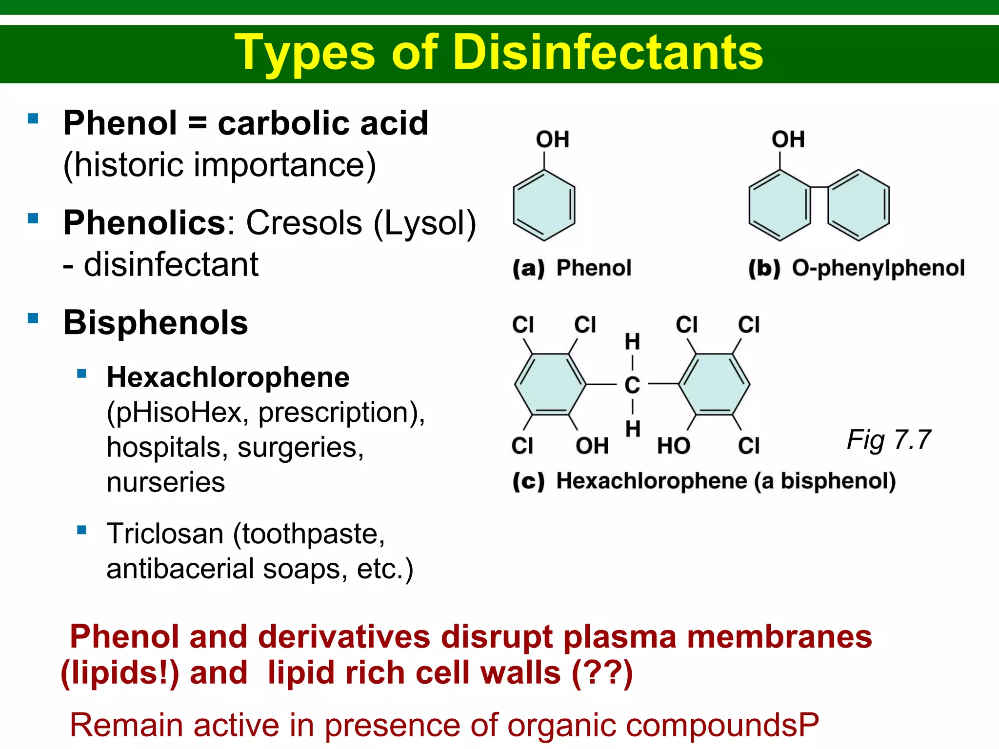 Copyright © 2010 Pearson Education, Inc.
Types of Disinfectants
 Phenol = carbolic acid
(historic importance)
 Phenolics: Cresols (Lysol)
- disinfectant
 Bisphenols
 Hexachlorophene
(pHisoHex, prescription),
hospitals, surgeries,
nurseries
 Triclosan (toothpaste,
antibacerial soaps, etc.)
Phenol and derivatives disrupt plasma membranes
(lipids!) and lipid rich cell walls (??)
Remain active in presence of organic compoundsP
Fig 7.7
 