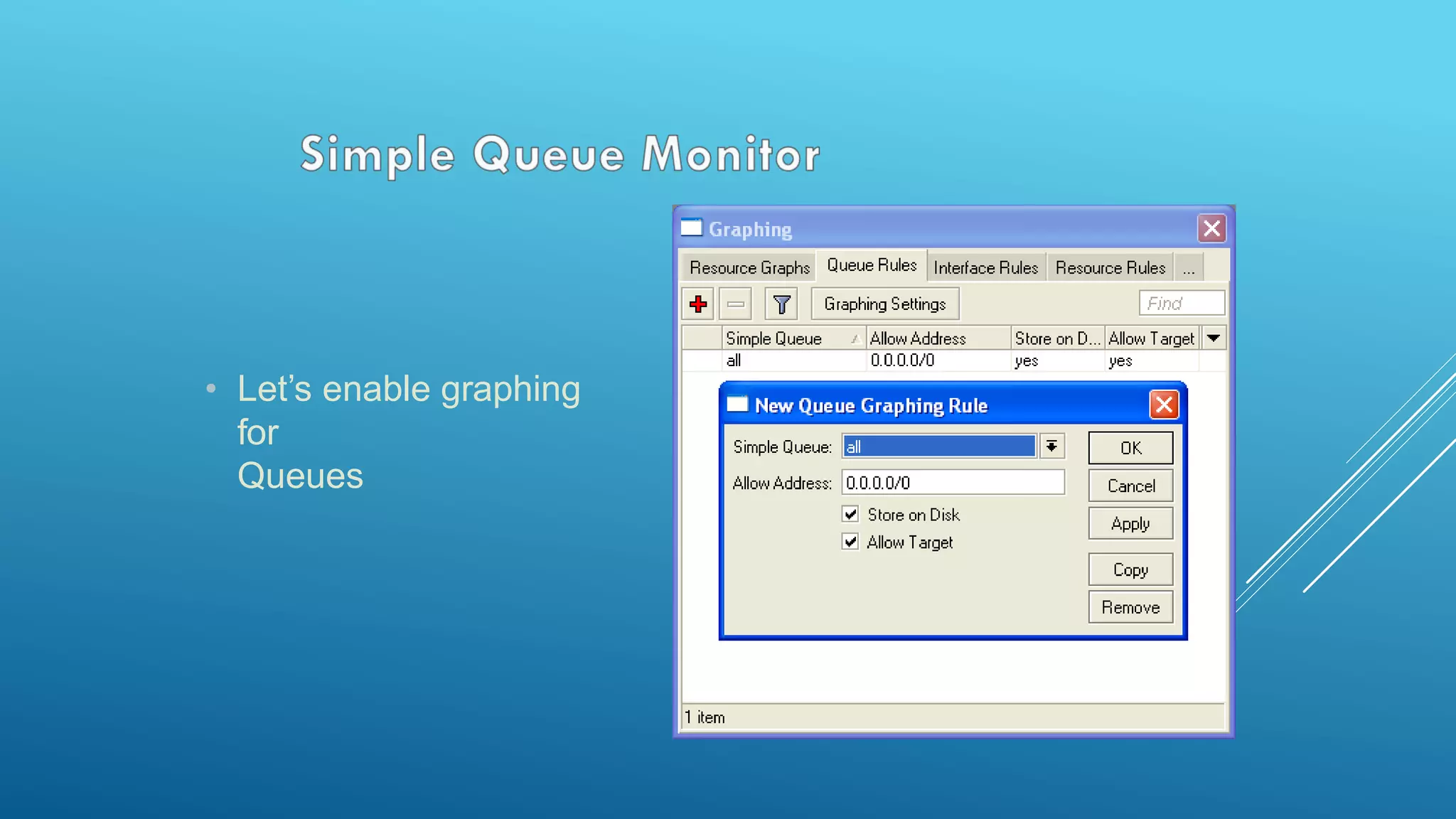 • Let’s enable graphing
for
Queues
 