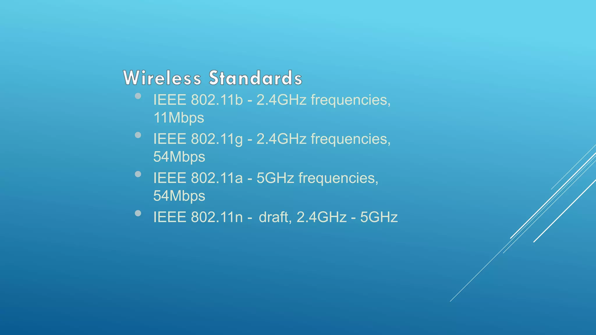 • IEEE 802.11b - 2.4GHz frequencies,
11Mbps
• IEEE 802.11g - 2.4GHz frequencies,
54Mbps
• IEEE 802.11a - 5GHz frequencies,
54Mbps
• IEEE 802.11n - draft, 2.4GHz - 5GHz
 