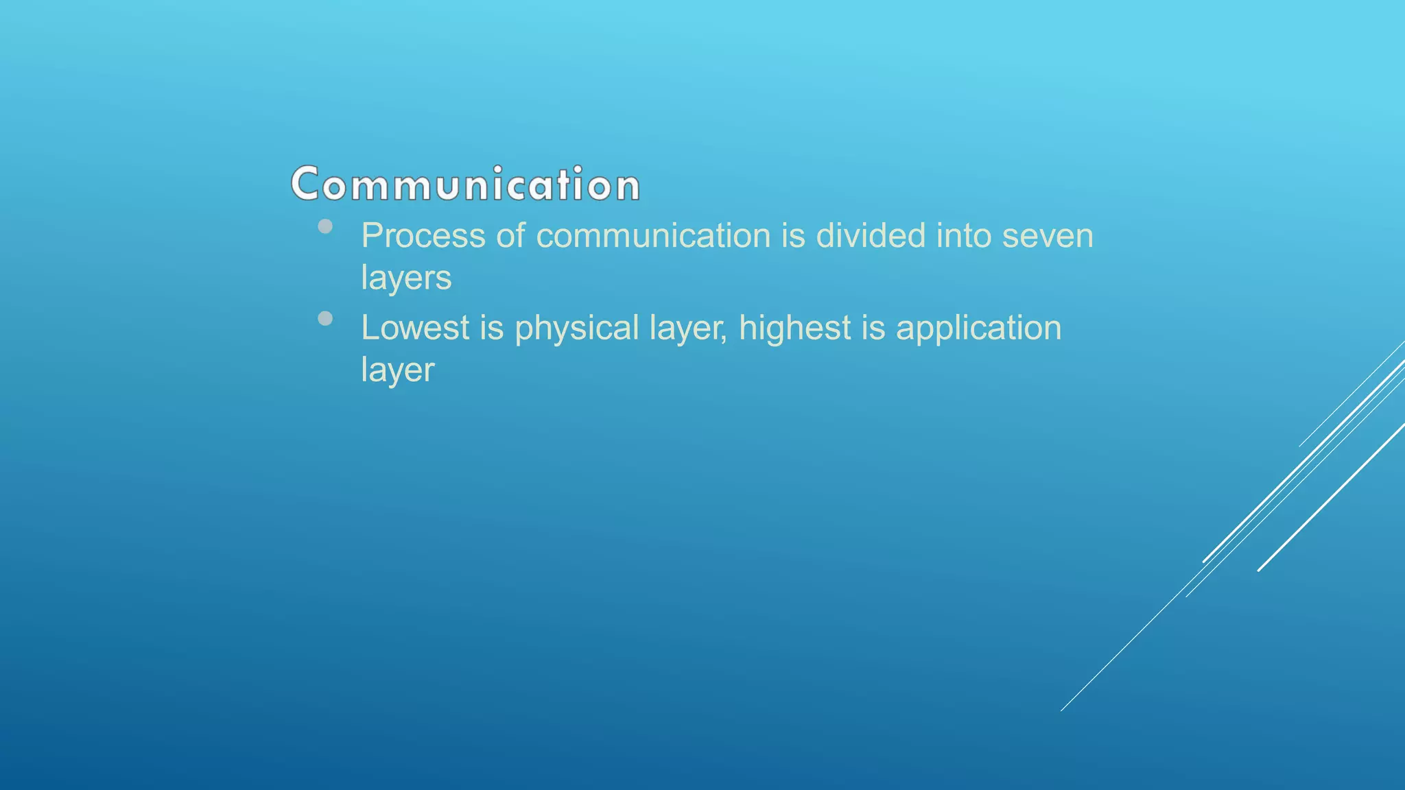 • Process of communication is divided into seven
layers
• Lowest is physical layer, highest is application
layer
 