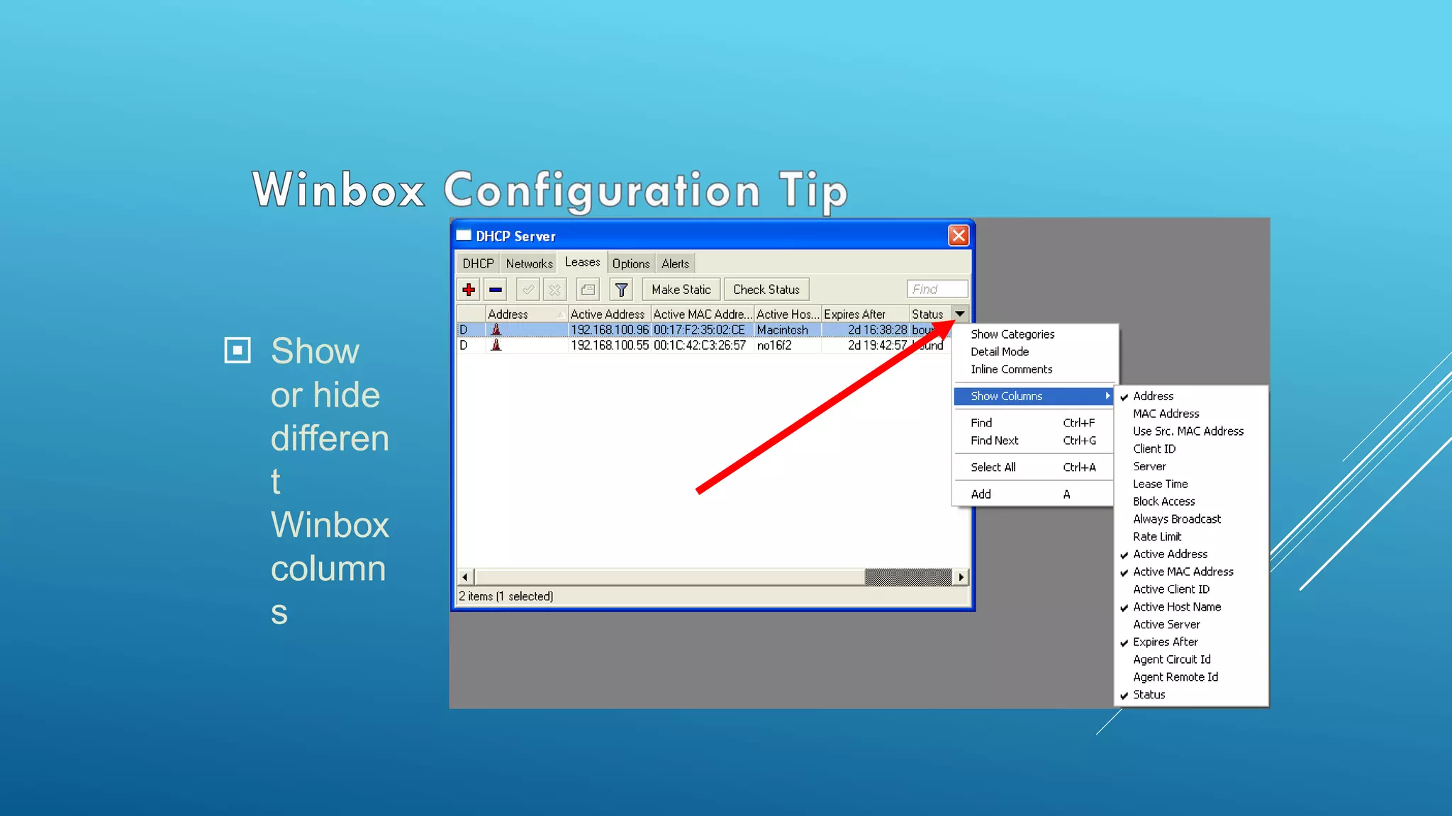  Show
or hide
differen
t
Winbox
column
s
 