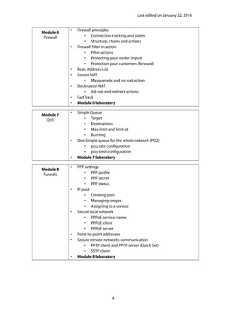 Last edited on January 22, 2016
Module 6
Firewall
• Firewall principles
• Connection tracking and states
• Structure, chains and actions
• Firewall Filter in action
• Filter actions
• Protecting your router (input)
• Protection your customers (forward)
• Basic Address-List
• Source NAT
• Masquerade and src-nat action
• Destination NAT
• dst-nat and redirect actions
• FastTrack
• Module 6 laboratory
Module 7
QoS
• Simple Queue
• Target
• Destinations
• Max-limit and limit-at
• Bursting
• One Simple queue for the whole network (PCQ)
• pcq-rate configuration
• pcq-limit configuration
• Module 7 laboratory
Module 8
Tunnels
• PPP settings
• PPP profile
• PPP secret
• PPP status
• IP pool
• Creating pool
• Managing ranges
• Assigning to a service
• Secure local network
• PPPoE service-name
• PPPoE client
• PPPoE server
• Point-to-point addresses
• Secure remote networks communication
• PPTP client and PPTP server (Quick Set)
• SSTP client
• Module 8 laboratory
4
 