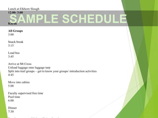 Lunch at Elkhorn Slough
12:00- 3:00
Kayak
All Groups
3:00
Snack break
3:15
Load bus
3:45
Arrive at Mt Cross
Unload luggage onto luggage tarp
Split into trail groups – get to know your groups/ introduction activities
4:45
Move into cabins
5:00
Faculty supervised free time
Pool time
6:00
Dinner
7:30
SAMPLE SCHEDULE
 