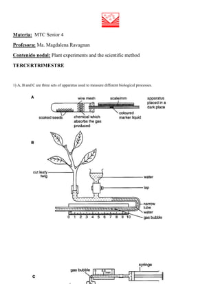 Materia: MTC Senior 4
Profesora: Ma. Magdalena Ravagnan
Contenido nodal: Plant experiments and the scientific method
TERCERTRIMESTRE
1) A, B and C are three sets of apparatus used to measure different biological processes.
 