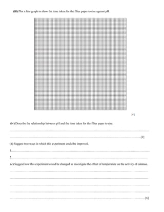 (iii) Plot a line graph to show the time taken for the filter paper to rise against pH.
(iv) Describe the relationship between pH and the time taken for the filter paper to rise.
…………………………………………………………………………………………………………………………….
……………………………………………………………………………………………………………………..[2]
(b) Suggest two ways in which this experiment could be improved.
1……………………………………………………………………………………………………………………………
2.…………………………………………………………………………………………………………………………
(c) Suggest how this experiment could be changed to investigate the effect of temperature on the activity of catalase.
……………………………………………………………………………………………………………………………
……………………………………………………………………………………………………………………………
……………………………………………………………………………………………………………………………..
……………………………………………………………………………………………………………………………..
…………………………………………………………………………………………………………………………[6]
 