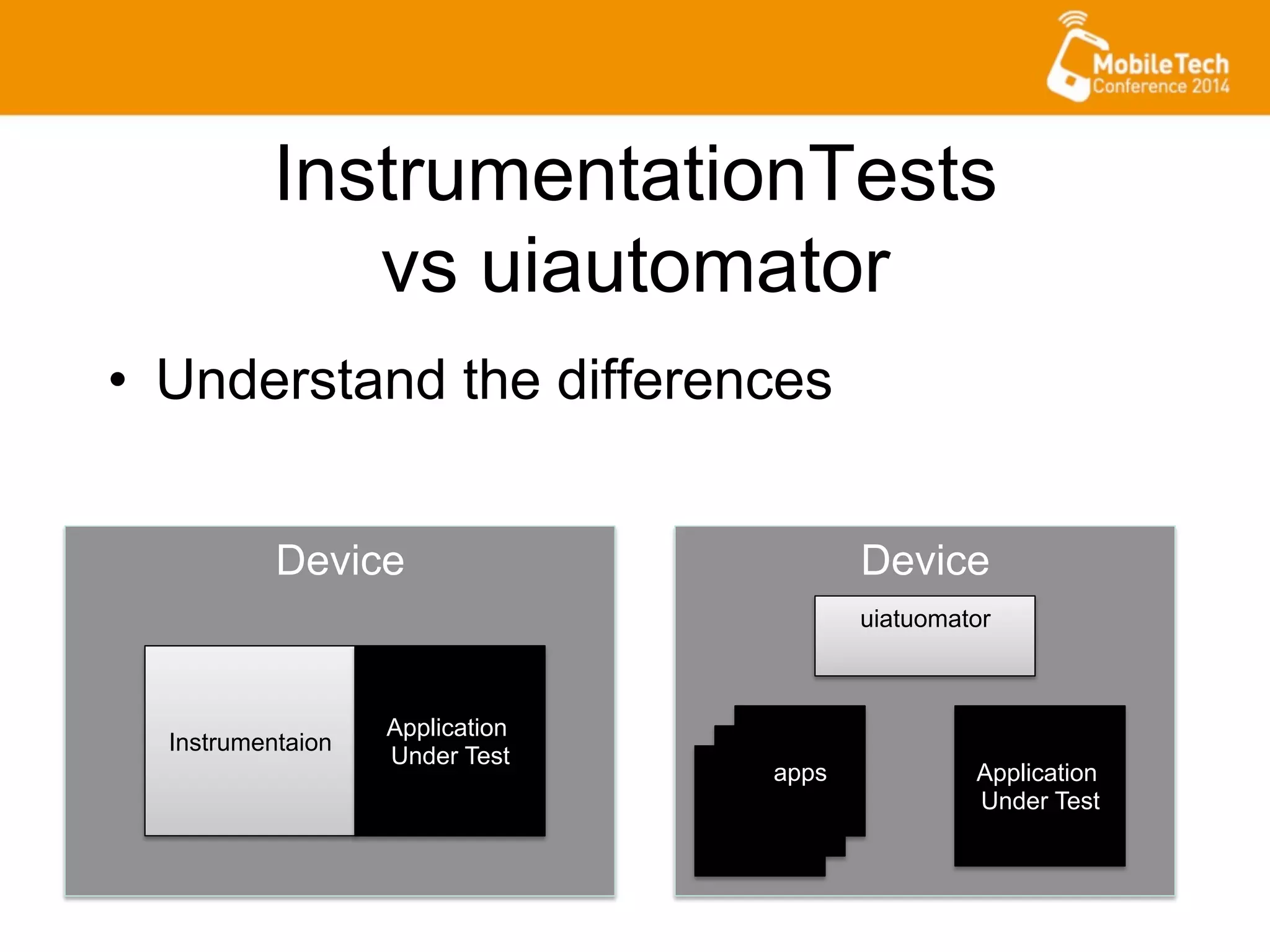 InstrumentationTests
vs uiautomator
•  Understand the differences
Device
Application
Under Test
uiatuomator
Device
Instrumentaion
Application
Under Test
apps
apps
apps
 