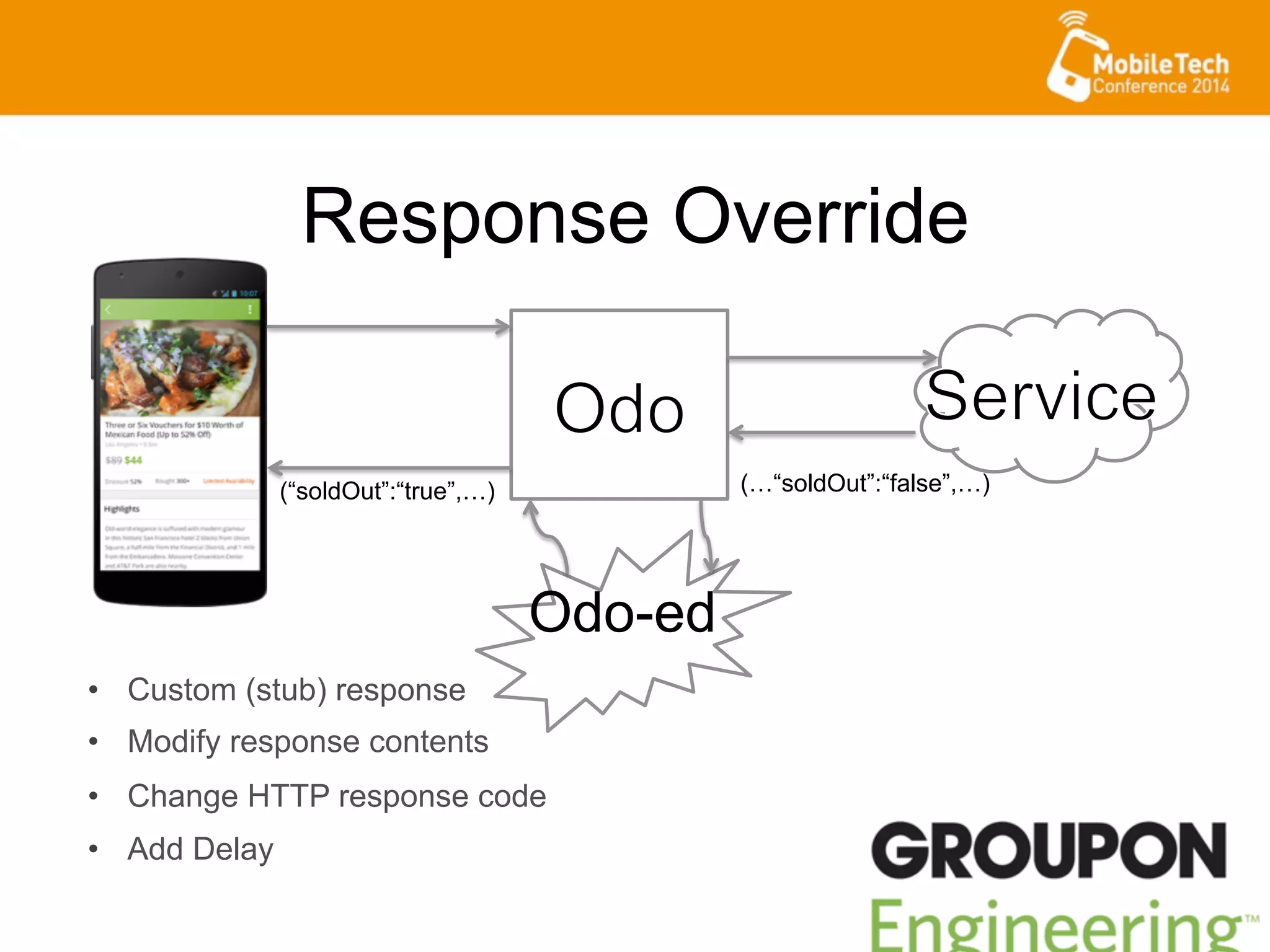 Response Override
•  Custom (stub) response
•  Modify response contents
•  Change HTTP response code
•  Add Delay
Odo-ed
(…“soldOut”:“false”,…)(“soldOut”:“true”,…)
 