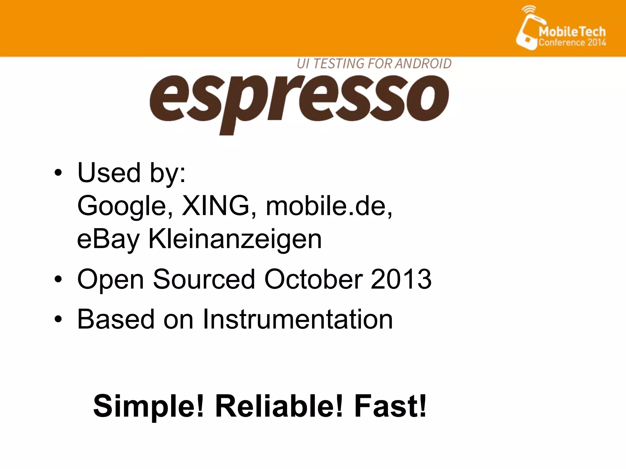 •  Used by:
Google, XING, mobile.de,
eBay Kleinanzeigen
•  Open Sourced October 2013
•  Based on Instrumentation
Simple! Reliable! Fast!
 