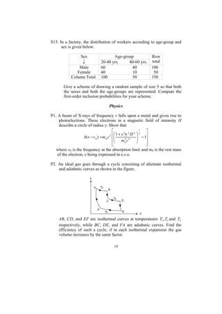 S13. In a factory, the distribution of workers according to age-group and
      sex is given below.

               Sex                  Age-group             Row
                ↓            20-40 yrs.    40-60 yrs.     total
               Male          60             40            100
              Female         40             10             50
           Column Total      100            50            150

       Give a scheme of drawing a random sample of size 5 so that both
       the sexes and both the age-groups are represented. Compute the
       first-order inclusion probabilities for your scheme.

                                  Physics

P1. A beam of X-rays of frequency v falls upon a metal and gives rise to
     photoelectrons. These electrons in a magnetic field of intensity H
     describe a circle of radius γ. Show that
                                          ⎡                1
                                                             ⎤
                                        2 ⎢
                                           ⎛1 + e2 2 H 2 ⎞ 2 ⎥
                     h(v − v 0 ) = m 0 c ⎜               ⎟ −1
                                          ⎢⎜ m 2 c 4     ⎟   ⎥
                                          ⎢⎝      0      ⎠   ⎥
                                          ⎣                  ⎦
   where v0 is the frequency at the absorption limit and m0 is the rest mass
    of the electron, e being expressed in e.s.u.

P2. An ideal gas goes through a cycle consisting of alternate isothermal
    and adiabatic curves as shown in the figure.




    AB, CD, and EF are isothermal curves at temperatures T1 , T2 and T3
    respectively, while BC, DE, and FA are adiabatic curves. Find the
    efficiency of such a cycle, if in each isothermal expansion the gas
    volume increases by the same factor.

                                    14
 