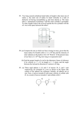 P3. Two long coaxial cylindrical metal tubes of length L (the inner one of
    radius a, the outer one of radius b) stand vertically in a tank of
    dielectric oil having susceptibility χe and mass density ρ. The inner
    tube is maintained at potential V and the outer cylinder is grounded.
    To what height h above the oil level outside the two cylinders will the
    oil rise in the space between the tubes?




P4. (a) Compute the rate at which our Sun is losing its mass, given that the
        mean radius R of Earth's orbit is 1.5 × 108 Km and the intensity of
        solar radiation at the Earth is 4/π ×103 Watt/m2. If the present mass
        of our Sun is 2 × 1030 Kg, how long is it expected to last?

   (b) Find the proper length of a rod in the laboratory frame of reference
       if its velocity is v = c/2, its length is l = 1 metre, and the angle
       between the rod and its direction of motion is 45 deg.

P5. (a) Three rigid spheres A, B, and C of masses 10, 5, and 1 unit
        respectively are arranged in a row as shown in the figure (the
        centers of the spheres are collinear). Initially, all spheres are at
        rest. Next, A moves towards B with some velocity to collide with
        B. As a result, B moves towards C and collides with C.




                                     15
 