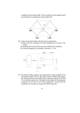 weightless and of equal length. Find a condition on the angular speed
    ω so that there is compression in the member OE.




E6. In the circuit shown below, the Op-Amp is an ideal one.
   (a) Show that the conditions for free oscillation can be met in the
       circuit.
   (b) Find the ideal value of R to meet the conditions for oscillation.
   (c) Find the frequency of oscillation. (Assume π = 3.14).




E7. Two bulbs of 500cc capacity are connected by a tube of length 20 cm
    and internal radius 0.15 cm. The whole system is filled with oxygen,
    the initial pressures in the bulbs before connection being 10 cm and
    15 cm of Hg, respectively. Calculate the time taken for the pressures
    to become 12 cm and 13 cm of Hg, respectively. Assume that the
    coefficient of viscosity η of oxygen is 0.000199 cgs unit.


                                   26
 