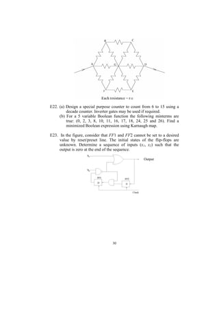 E22. (a) Design a special purpose counter to count from 6 to 15 using a
         decade counter. Inverter gates may be used if required.
     (b) For a 5 variable Boolean function the following minterms are
         true: (0, 2, 3, 8, 10, 11, 16, 17, 18, 24, 25 and 26). Find a
         minimized Boolean expression using Karnaugh map.

E23. In the figure, consider that FF1 and FF2 cannot be set to a desired
     value by reset/preset line. The initial states of the flip-flops are
     unknown. Determine a sequence of inputs (x1, x2) such that the
     output is zero at the end of the sequence.

                                                     Output




                                   30
 