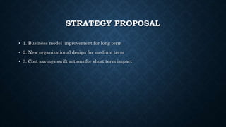 STRATEGY PROPOSAL
• 1. Business model improvement for long term
• 2. New organizational design for medium term
• 3. Cost savings swift actions for short term impact
 
