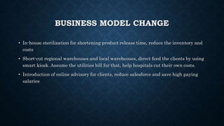 BUSINESS MODEL CHANGE
• In-house sterilization for shortening product release time, reduce the inventory and
costs
• Short-cut regional warehouses and local warehouses, direct feed the clients by using
smart kiosk. Assume the utilities bill for that, help hospitals cut their own costs.
• Introduction of online advisory for clients, reduce salesforce and save high paying
salaries
 