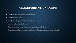 TRANSFORMATION STEPS
• Create sterilization unit and activate
• Create smart kiosk
• Create concierge style customer assistance
• Move sterilization in-house
• Start activating smart kiosk using existing salesforce
• Displace salesforce by online assistance for surgeons and hospital staff
 