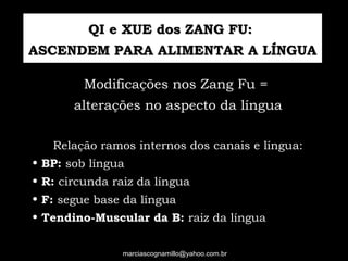 Modificações nos Zang Fu =Modificações nos Zang Fu =
alterações no aspecto da línguaalterações no aspecto da língua
Relação ramos internos dos canais e língua:Relação ramos internos dos canais e língua:
• BP:BP: sob línguasob língua
• R:R: circunda raiz da línguacircunda raiz da língua
• F:F: segue base da línguasegue base da língua
• Tendino-Muscular da B:Tendino-Muscular da B: raiz da línguaraiz da língua
QI e XUE dos ZANG FU:QI e XUE dos ZANG FU:
ASCENDEM PARA ALIMENTAR A LÍNGUAASCENDEM PARA ALIMENTAR A LÍNGUA
marciascognamillo@yahoo.com.br
 