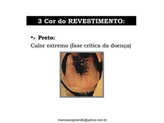 •‫ﻡ‬ Preto:Preto:
Calor extremo (fase crítica da doença)Calor extremo (fase crítica da doença)
33 Cor do REVESTIMENTO:Cor do REVESTIMENTO:
marciascognamillo@yahoo.com.br
 