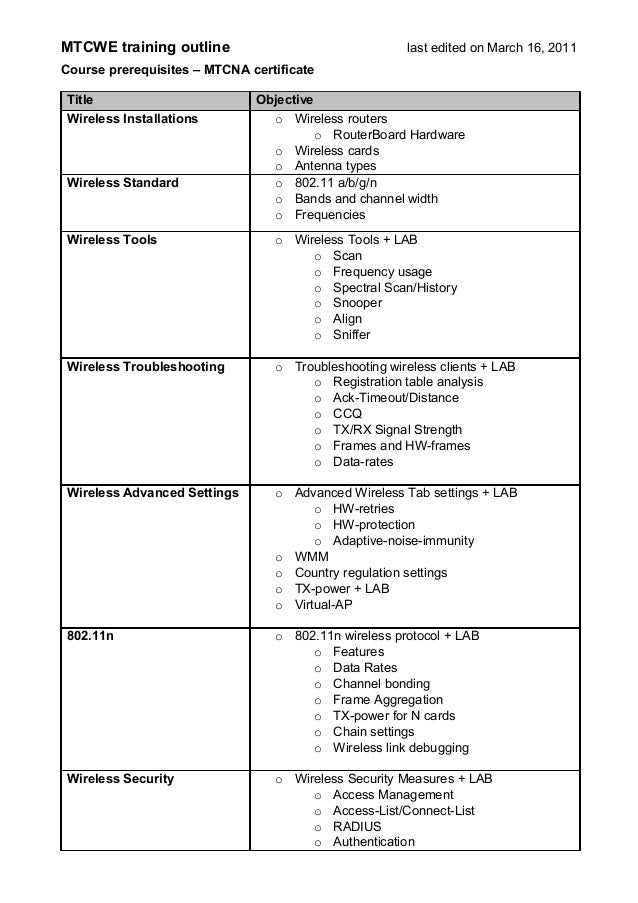 mtcwe training outline course prerequisites mtcna certificate training outline