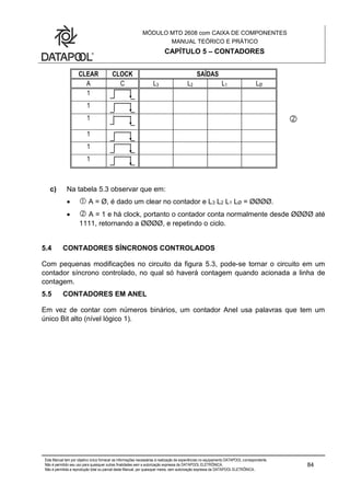 MÓDULO MTD 2608 com CAIXA DE COMPONENTES
MANUAL TEÓRICO E PRÁTICO
CAPÍTULO 5 – CONTADORES
Este Manual tem por objetivo único fornecer as informações necessárias à realização de experiências no equipamento DATAPOOL correspondente.
Não é permitido seu uso para quaisquer outras finalidades sem a autorização expressa da DATAPOOL ELETRÔNICA.
Não é permitida a reprodução total ou parcial deste Manual, por quaisquer meios, sem autorização expressa da DATAPOOL ELETRÔNICA..
84
CLEAR CLOCK SAÍDAS
A C L3 L2 L1 LØ
1
1
1 
1
1
1
c) Na tabela 5.3 observar que em:
  A = Ø, é dado um clear no contador e L3 L2 L1 LØ = ØØØØ.
  A = 1 e há clock, portanto o contador conta normalmente desde ØØØØ até
1111, retornando a ØØØØ, e repetindo o ciclo.
5.4 CONTADORES SÍNCRONOS CONTROLADOS
Com pequenas modificações no circuito da figura 5.3, pode-se tornar o circuito em um
contador síncrono controlado, no qual só haverá contagem quando acionada a linha de
contagem.
5.5 CONTADORES EM ANEL
Em vez de contar com números binários, um contador Anel usa palavras que tem um
único Bit alto (nível lógico 1).
 