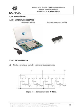 MÓDULO MTD 2608 com CAIXA DE COMPONENTES
MANUAL TEÓRICO E PRÁTICO
CAPÍTULO 5 – CONTADORES
Este Manual tem por objetivo único fornecer as informações necessárias à realização de experiências no equipamento DATAPOOL correspondente.
Não é permitido seu uso para quaisquer outras finalidades sem a autorização expressa da DATAPOOL ELETRÔNICA.
Não é permitida a reprodução total ou parcial deste Manual, por quaisquer meios, sem autorização expressa da DATAPOOL ELETRÔNICA..
85
5.5.1 EXPERIÊNCIA 1
5.5.1.1 MATERIAL NECESSÁRIO
Módulo MTD 2608 2 Circuito Integrado 74LS74
5.2.2.2 PROCEDIMENTO
a) Montar o circuito da figura 5.4 e alimentar os componentes.
Figura 5. 4 - Contador em anel de 4 bits.
 