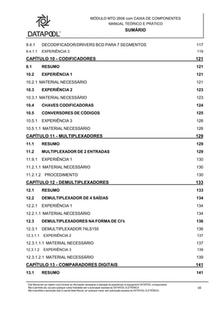 MÓDULO MTD 2608 com CAIXA DE COMPONENTES
MANUAL TEÓRICO E PRÁTICO
SUMÁRIO
Este Manual tem por objetivo único fornecer as informações necessárias à realização de experiências no equipamento DATAPOOL correspondente.
Não é permitido seu uso para quaisquer outras finalidades sem a autorização expressa da DATAPOOL ELETRÔNICA.
Não é permitida a reprodução total ou parcial deste Manual, por quaisquer meios, sem autorização expressa da DATAPOOL ELETRÔNICA..
vii
9.4.1 DECODIFICADOR/DRIVERS BCD PARA 7 SEGMENTOS 117
9.4.1.1 EXPERIÊNCIA 3 119
CAPÍTULO 10 - CODIFICADORES 121
8.1 RESUMO 121
10.2 EXPERIÊNCIA 1 121
10.2.1 MATERIAL NECESSÁRIO 121
10.3 EXPERIÊNCIA 2 123
10.3.1 MATERIAL NECESSÁRIO 123
10.4 CHAVES CODIFICADORAS 124
10.5 CONVERSORES DE CÓDIGOS 125
10.5.1 EXPERIÊNCIA 3 126
10.5.1.1 MATERIAL NECESSÁRIO 126
CAPÍTULO 11 - MULTIPLEXADORES 129
11.1 RESUMO 129
11.2 MULTIPLEXADOR DE 2 ENTRADAS 129
11.9.1 EXPERIÊNCIA 1 130
11.2.1.1 MATERIAL NECESSÁRIO 130
11.2.1.2 PROCEDIMENTO 130
CAPÍTULO 12 - DEMULTIPLEXADORES 133
12.1 RESUMO 133
12.2 DEMULTIPLEXADOR DE 4 SAÍDAS 134
12.2.1 EXPERIÊNCIA 1 134
12.2.1.1 MATERIAL NECESSÁRIO 134
12.3 DEMULTIPLEXADORES NA FORMA DE CI'S 136
12.3.1 DEMULTIPLEXADOR 74LS155 136
12.3.1.1 EXPERIÊNCIA 2 137
12.3.1.1.1 MATERIAL NECESSÁRIO 137
12.3.1.2 EXPERIÊNCIA 3 139
12.3.1.2.1 MATERIAL NECESSÁRIO 139
CAPÍTULO 13 - COMPARADORES DIGITAIS 141
13.1 RESUMO 141
 