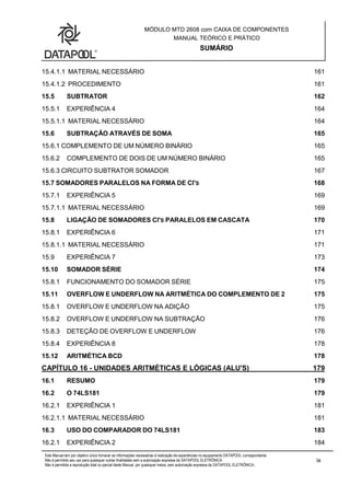 MÓDULO MTD 2608 com CAIXA DE COMPONENTES
MANUAL TEÓRICO E PRÁTICO
SUMÁRIO
Este Manual tem por objetivo único fornecer as informações necessárias à realização de experiências no equipamento DATAPOOL correspondente.
Não é permitido seu uso para quaisquer outras finalidades sem a autorização expressa da DATAPOOL ELETRÔNICA.
Não é permitida a reprodução total ou parcial deste Manual, por quaisquer meios, sem autorização expressa da DATAPOOL ELETRÔNICA..
ix
15.4.1.1 MATERIAL NECESSÁRIO 161
15.4.1.2 PROCEDIMENTO 161
15.5 SUBTRATOR 162
15.5.1 EXPERIÊNCIA 4 164
15.5.1.1 MATERIAL NECESSÁRIO 164
15.6 SUBTRAÇÃO ATRAVÉS DE SOMA 165
15.6.1 COMPLEMENTO DE UM NÚMERO BINÁRIO 165
15.6.2 COMPLEMENTO DE DOIS DE UM NÚMERO BINÁRIO 165
15.6.3 CIRCUITO SUBTRATOR SOMADOR 167
15.7 SOMADORES PARALELOS NA FORMA DE CI'S 168
15.7.1 EXPERIÊNCIA 5 169
15.7.1.1 MATERIAL NECESSÁRIO 169
15.8 LIGAÇÃO DE SOMADORES CI'S PARALELOS EM CASCATA 170
15.8.1 EXPERIÊNCIA 6 171
15.8.1.1 MATERIAL NECESSÁRIO 171
15.9 EXPERIÊNCIA 7 173
15.10 SOMADOR SÉRIE 174
15.8.1 FUNCIONAMENTO DO SOMADOR SÉRIE 175
15.11 OVERFLOW E UNDERFLOW NA ARITMÉTICA DO COMPLEMENTO DE 2 175
15.8.1 OVERFLOW E UNDERFLOW NA ADIÇÃO 175
15.8.2 OVERFLOW E UNDERFLOW NA SUBTRAÇÃO 176
15.8.3 DETEÇÃO DE OVERFLOW E UNDERFLOW 176
15.8.4 EXPERIÊNCIA 8 178
15.12 ARITMÉTICA BCD 178
CAPÍTULO 16 - UNIDADES ARITMÉTICAS E LÓGICAS (ALU'S) 179
16.1 RESUMO 179
16.2 O 74LS181 179
16.2.1 EXPERIÊNCIA 1 181
16.2.1.1 MATERIAL NECESSÁRIO 181
16.3 USO DO COMPARADOR DO 74LS181 183
16.2.1 EXPERIÊNCIA 2 184
 