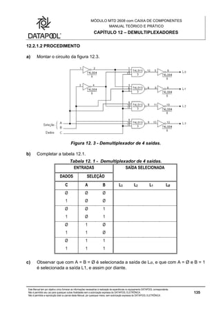 MÓDULO MTD 2608 com CAIXA DE COMPONENTES
MANUAL TEÓRICO E PRÁTICO
CAPÍTULO 12 – DEMULTIPLEXADORES
Este Manual tem por objetivo único fornecer as informações necessárias à realização de experiências no equipamento DATAPOOL correspondente.
Não é permitido seu uso para quaisquer outras finalidades sem a autorização expressa da DATAPOOL ELETRÔNICA.
Não é permitida a reprodução total ou parcial deste Manual, por quaisquer meios, sem autorização expressa da DATAPOOL ELETRÔNICA.
135
12.2.1.2 PROCEDIMENTO
a) Montar o circuito da figura 12.3.
Figura 12. 3 - Demultiplexador de 4 saídas.
b) Completar a tabela 12.1.
Tabela 12. 1 - Demultiplexador de 4 saídas.
ENTRADAS SAÍDA SELECIONADA
DADOS SELEÇÃO
C A B L3 L2 L1 LØ
Ø Ø Ø
1 Ø Ø
Ø Ø 1
1 Ø 1
Ø 1 Ø
1 1 Ø
Ø 1 1
1 1 1
c) Observar que com A = B = Ø é selecionada a saída de LØ, e que com A = Ø e B = 1
é selecionada a saída L1, e assim por diante.
 